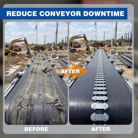 Beefed Up Heavy Duty Bolt Solid Steel Plate Fasteners Pack Pre Assembled Bottom Plates For Conveyor Belt Repair Kit Suitable For Industrial Conveyors Mining Quarry Cement Agriculture showing a before and after conveyor belt repair with fasteners installed on the right.