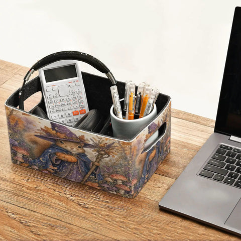 Premium Felt Collapsible Storage Bins For Shelves Heavy Duty Foldable Closet Organizers Super Snazzy Basket Set For Tight Rooms Space Saving Real Game Changer Kit holding office supplies on a desk.