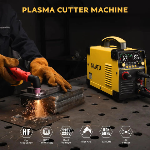 65 Amp Plasma Cutter With Pilot Arc HF Non-Touch, STC650P, Dual Voltage 110 And 220V, shown in use on metal with LED display