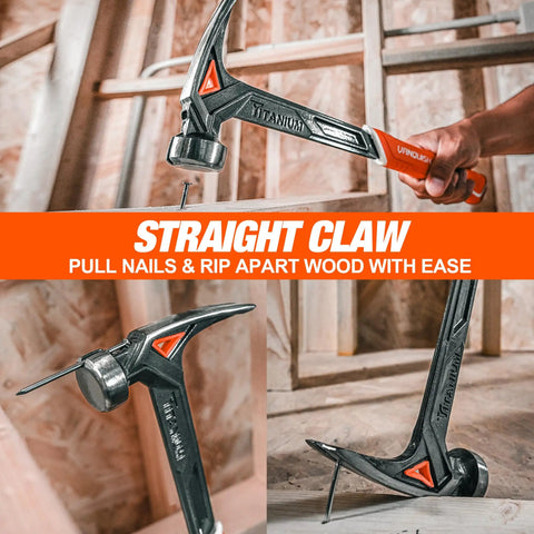 11oz Titanium Framing Hammer with Straight Rip Claw and Smooth Face Magnetic Nail Holder shown in action on wood frame