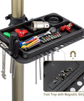 Tool tray setup on Heavy Duty Bike Repair Stand For E Bikes And Mountain And Road Bikes Up To 88 Lbs With Adjustable Height and Rotating Clamp