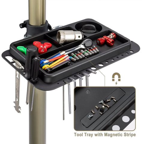 Tool tray setup on Heavy Duty Bike Repair Stand For E Bikes And Mountain And Road Bikes Up To 88 Lbs With Adjustable Height and Rotating Clamp