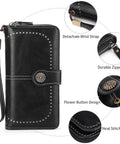 Lux Waxed Leather Wallet For Women With RFID Blocking Large Bifold Card Holder And Wristlet Clutch Premium Soft Leather Secure Space