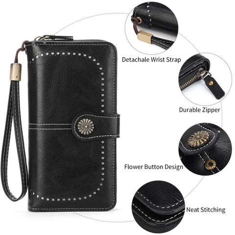 Lux Waxed Leather Wallet For Women With RFID Blocking Large Bifold Card Holder And Wristlet Clutch Premium Soft Leather Secure Space