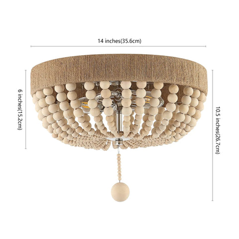 14 Inch Taupe And Polished Nickel Two Light Wood Bead Iron Flush Mount Ceiling Light For Farmhouse Boho Style