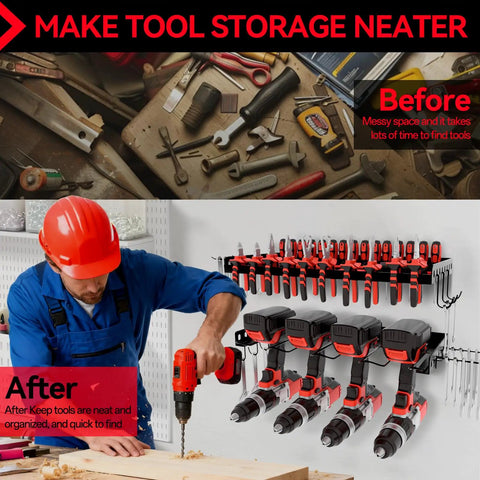 Power Tool Organizer Wall Mount Two Tier Storage Rack For Garage And Home Shop, side hooks holding tools in use after installation