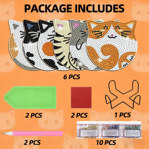Cat-shaped coasters and tools from Six Cat Diamond Painting Coaster Kit Set With Double Tools For Adults And Kids DIY Diamond Art Crafts Non Slip.
