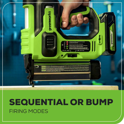 Close-up of 24V 18 Gauge Brushless Cordless AirStrike Brad Nailer in hand, showing firing modes, ideal for cabinetry and trim work.