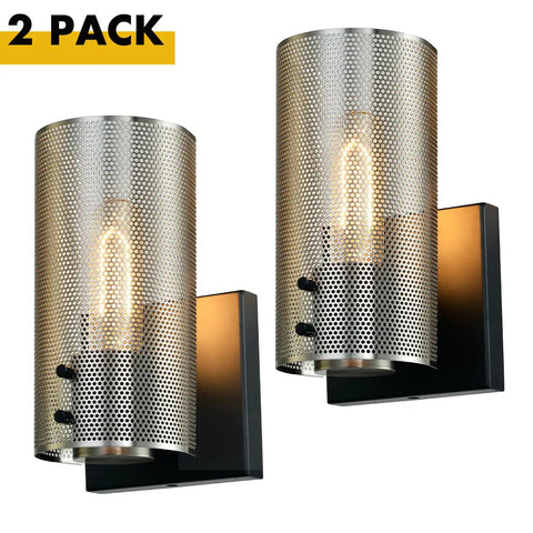 Rustic Wall Sconces Set Of Two Vintage Nickel Industrial Wall Lighting With Grid Mesh Shade Perforated Half Cylinder Sconce