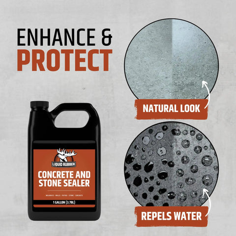 Heavy Duty Liquid Rubber Concrete Driveway Coating Kit With All Season Water Repellent Sealer And Multipurpose Cleaners, 1 gallon bottle, shows natural look and water repellence.