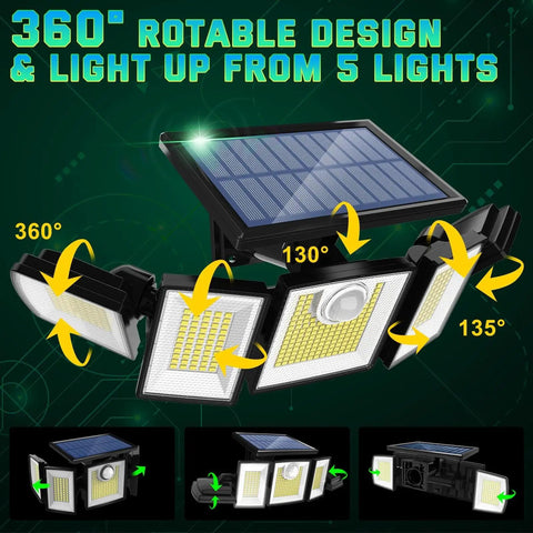 Outdoor Solar Flood Light With Motion Sensor, 416 LEDs Delivers 3000 Lumens Of Serious Brightness, 5 rotating heads