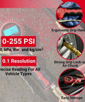 Heavy-Duty Digital Tire Pressure Gauge With Inflator, Clip-On Chuck, 20 Inch Air Hose, Easy Read 0.1 PSI Display, Pistol Grip, Pro Grade Build, 255 PSI Max, 1/4 Inch NPT, Made In USA digital gauge with swivel head and clip-on chuck