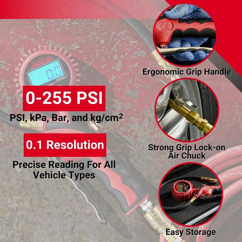 Heavy-Duty Digital Tire Pressure Gauge With Inflator, Clip-On Chuck, 20 Inch Air Hose, Easy Read 0.1 PSI Display, Pistol Grip, Pro Grade Build, 255 PSI Max, 1/4 Inch NPT, Made In USA digital gauge with swivel head and clip-on chuck