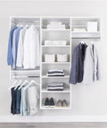 Top Tier Corner Closet Organizer Kit Featuring Dual Hanging Rods And Hella Spacious Shelf Towers For Maximizing White Storage Space Easy Install with clothes and shoes.