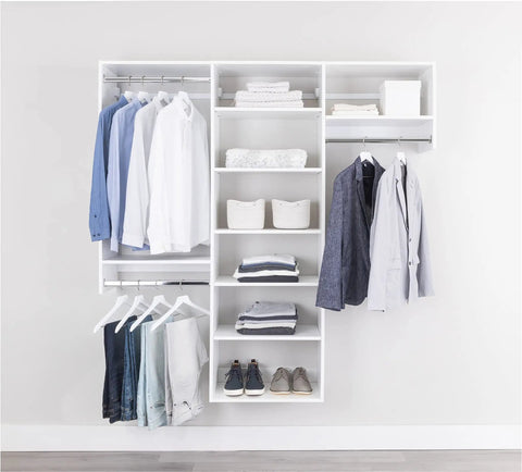 Top Tier Corner Closet Organizer Kit Featuring Dual Hanging Rods And Hella Spacious Shelf Towers For Maximizing White Storage Space Easy Install with clothes and shoes.