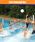 Heavy Duty Volleyball Net For Backyard And Pool Play, 32x3 Feet With 4 Inch Mesh shown in poolside game setup