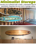 Heavy Duty Steel Surfboard Wall Mount Rack For Vertical Display holds two colorful surfboards in a stylish garage setting.
