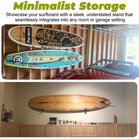 Heavy Duty Steel Surfboard Wall Mount Rack For Vertical Display holds two colorful surfboards in a stylish garage setting.
