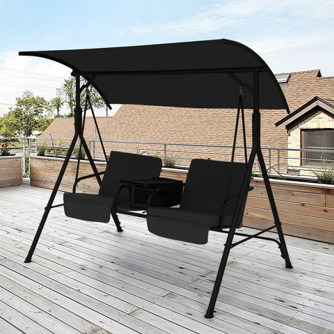 Two Person Outdoor Porch Swing With Canopy, Storage Table, Cooler Bag, And Cup Holders, Cozy Removable Cushions for patio use