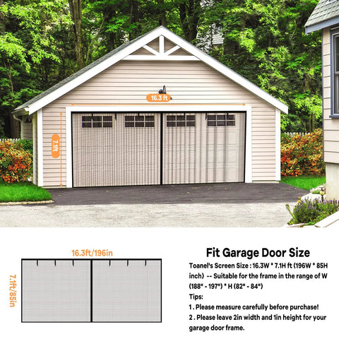 Two Car Garage Screen Door 16x7 Ft Heavy Duty Magnetic Self Sealing Fiberglass Mesh installation illustration