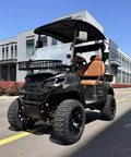 Pro Grade Two Passenger Electric Golf Cart Featuring Fast Charge Lithium Battery And Slick Aluminum Frame For Smooth Fairway Cruising And Quick Weekend Getaways, side view with brown seat and rugged tires.