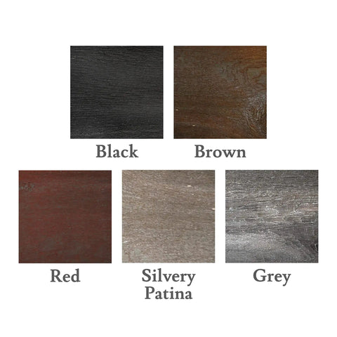 Black, brown, red, silvery patina, and grey wood samples from Wood Stain And Treatment In Silvery Patina For Exterior And Interior Use.