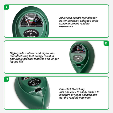 3-In-1 Soil Moisture, PH, And Sunlight Tester For Indoor Outdoor Gardening, Battery Free, showing front and side views with features