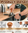Pro Game Changer 7 Piece Espresso Essentials featuring 53 Mm tamper in use on a wooden countertop with ergonomic handle.