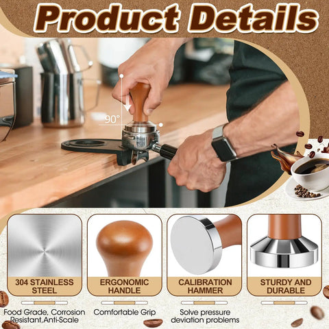 Pro Game Changer 7 Piece Espresso Essentials featuring 53 Mm tamper in use on a wooden countertop with ergonomic handle.