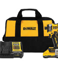 Pro Level 20V Max Brushless Cordless 3 Speed High Torque 1/4 Inch Impact Driver Kit With Xr Power Pack And Fast Charger laid out with charging station and carrying bag.