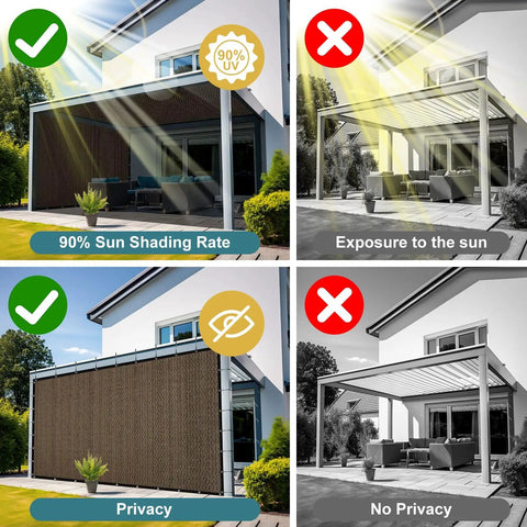 90 Percent Sun Block Shade Cloth With Grommets For Outdoor Patio 8x10 Feet Pergola Shade Cover Mesh Tarp Sun Screen Mocha showing sun shading and privacy features
