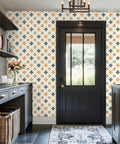 Top Tier Geometric Retro Peel And Stick Wallpaper For Your Space Refresh Skip The Drill With Easy Peasy Self Adhesive Removable Wallcovering That Hits Great On Any Wall in a stylish entryway.