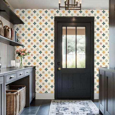 Top Tier Geometric Retro Peel And Stick Wallpaper For Your Space Refresh Skip The Drill With Easy Peasy Self Adhesive Removable Wallcovering That Hits Great On Any Wall in a stylish entryway.
