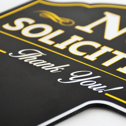 Close-up of No Soliciting Yard Sign for Home and Business made from heavy duty DiBond aluminum with weatherproof design