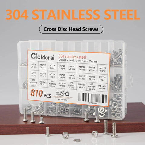 810 Piece 304 Stainless Steel Phillips Pan Head Machine Screw Kit with M3 M4 M5 M6 bolts nuts washers displayed