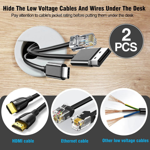JTemgle 2 Inch White Desk Grommet Cable Hole Cover For Desk Cord Management Plastic Cable Organizer Caps displaying various cables