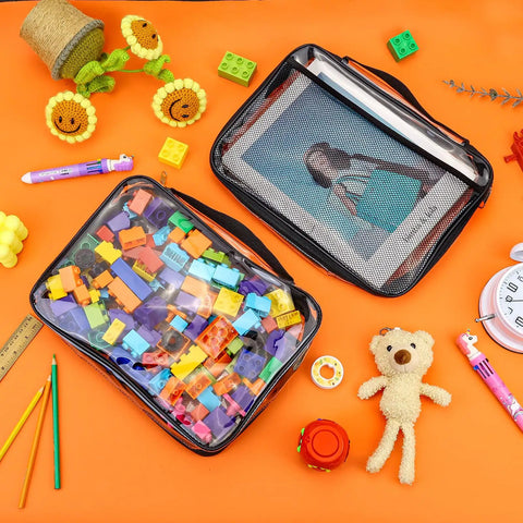 Clear See Through Toy Storage Bags 8 Pack With Zippers Portable Handle Travel Ready Organizer For Building Blocks Toys Puzzles And Books Reusable Waterproof Bags with building blocks and book inside