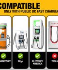 Image showing compatibility of Ccs1 To Nacs DC fast charging adapter with various public DC fast chargers excluding Tesla.