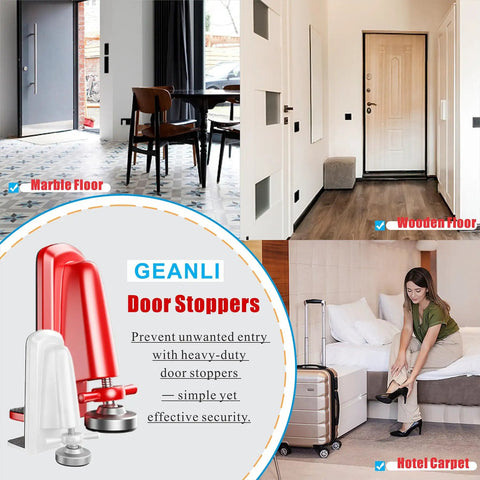 Portable Door Jammer Lock For Travel Security And Home Safety Anti Theft Prevention This Lockdown Door Stop Stops BreakIns In Hotels Apartments And Homes Perfect For Homeowners And Families Red placed on various floor types.