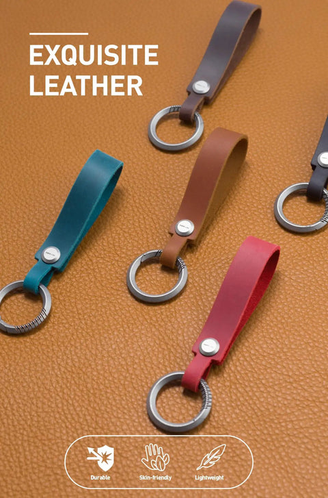 Top Shelf Crazy Horse Leather EDC Keychain Strap With Aerospace Titanium Key Ring For Car Keys, colorful leather straps displayed.