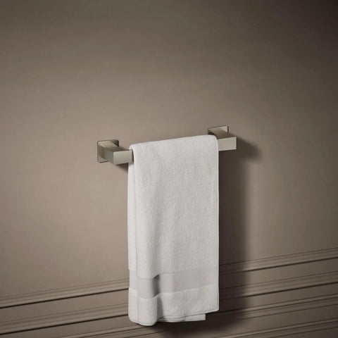 Honesty 12-Inch Towel Bar in Vibrant Brushed Nickel Finish with white towel, modern stainless steel bathroom accessory