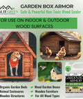 Plant Based Wood Sealant For Gardens And Yard Projects, FDA Food Contact Safe, Non Toxic Finish For Raised Beds, Planters, And Pet Houses. Deeply Penetrating Protection For Cedar And All Wood Types Against Water And Weather on display with animal enclosures and product bottle image.