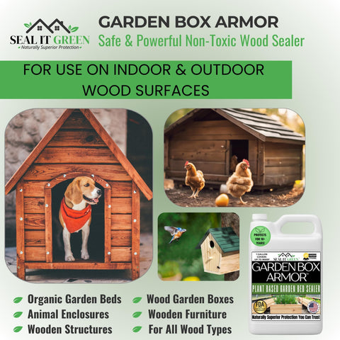 Plant Based Wood Sealant For Gardens And Yard Projects, FDA Food Contact Safe, Non Toxic Finish For Raised Beds, Planters, And Pet Houses. Deeply Penetrating Protection For Cedar And All Wood Types Against Water And Weather on display with animal enclosures and product bottle image.