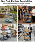 Three Tier Rolling Utility Cart On Wheels With 510 Lbs Capacity And Four Lockable Swivel Casters in various settings