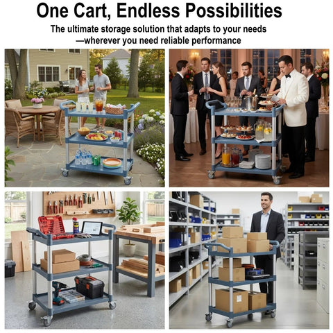 Three Tier Rolling Utility Cart On Wheels With 510 Lbs Capacity And Four Lockable Swivel Casters in various settings