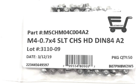 Pro Shop Grade A2 70 Stainless Steel M4 Machine Screws With Crisp Slotted Cheese Head Din84 Standard Metric Fasteners 50 Piece Bulk Pack in clear packaging.