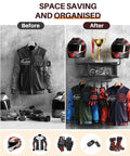 2-Tier Motorcycle Helmet Wall Mount Rack With Hat Stands, All-In-One Gear Storage Organizer showcasing organized gear before and after