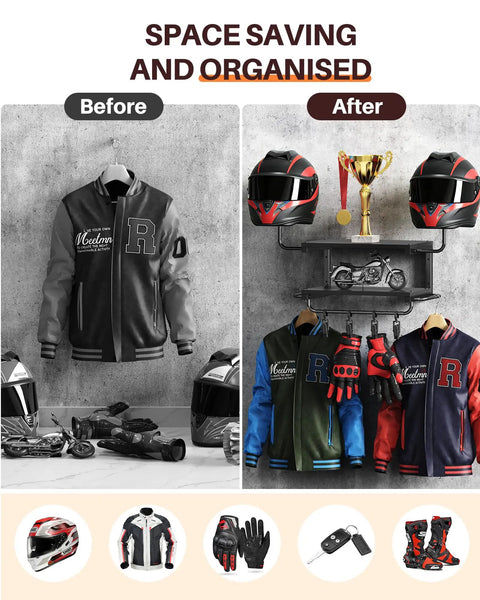 2-Tier Motorcycle Helmet Wall Mount Rack With Hat Stands, All-In-One Gear Storage Organizer showcasing organized gear before and after