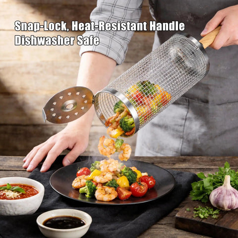 Two Pack Stainless Steel Grill Basket With Removable Beech Wood Handle for Vegetables, Shrimp, and Fish Portable Camping BBQ Grilling Net
