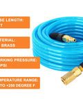 One Quarter Inch 50 Foot Polyurethane Air Hose with Brass Fittings, 300 PSI Max, highlighted specifications including material and pressure